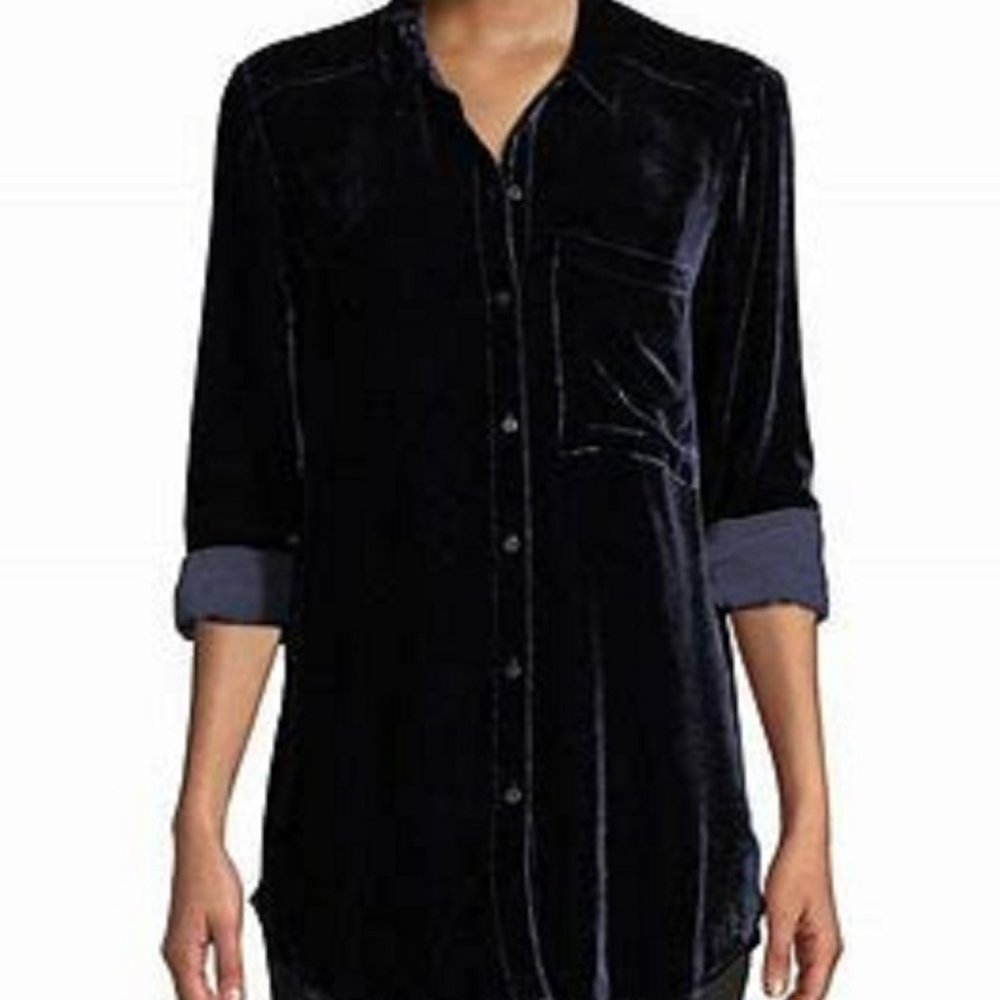 Eileen Fisher Black Velvet Classic Collar Long Shirt Size XXS MSRP$278